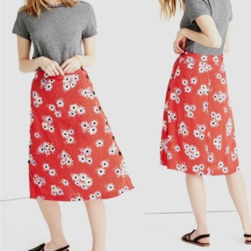 Madewell Retro Stripe red white floral midi skirt buttoned sides - Picture 5 of 8